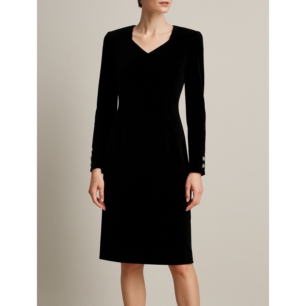 Vintage Liz Claiborne Black Velvet Sheath Dress Star Cuff Petite‎ 12 USA